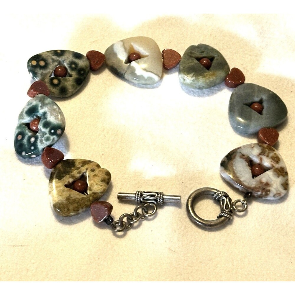 Natural Stone Heart Bracelet Ocean Jasper Style Beads Goldstone Heart Spacers